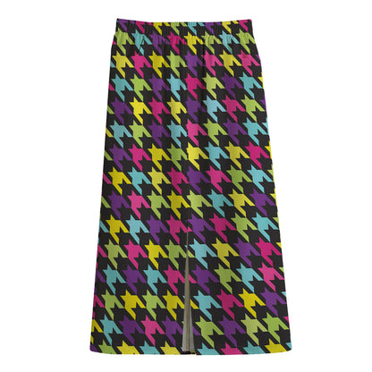 Colorful Houndstooth Pattern Print Cotton Front Slit Maxi Skirt