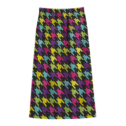Colorful Houndstooth Pattern Print Cotton Front Slit Maxi Skirt