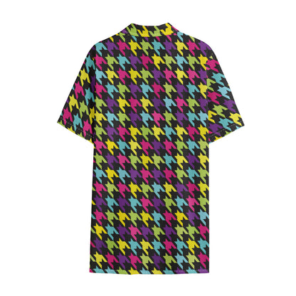 Colorful Houndstooth Pattern Print Cotton Hawaiian Shirt