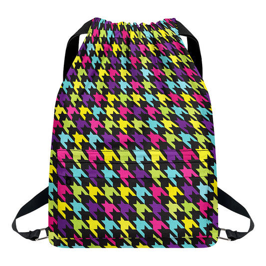 Colorful Houndstooth Pattern Print Drawstring Backpack