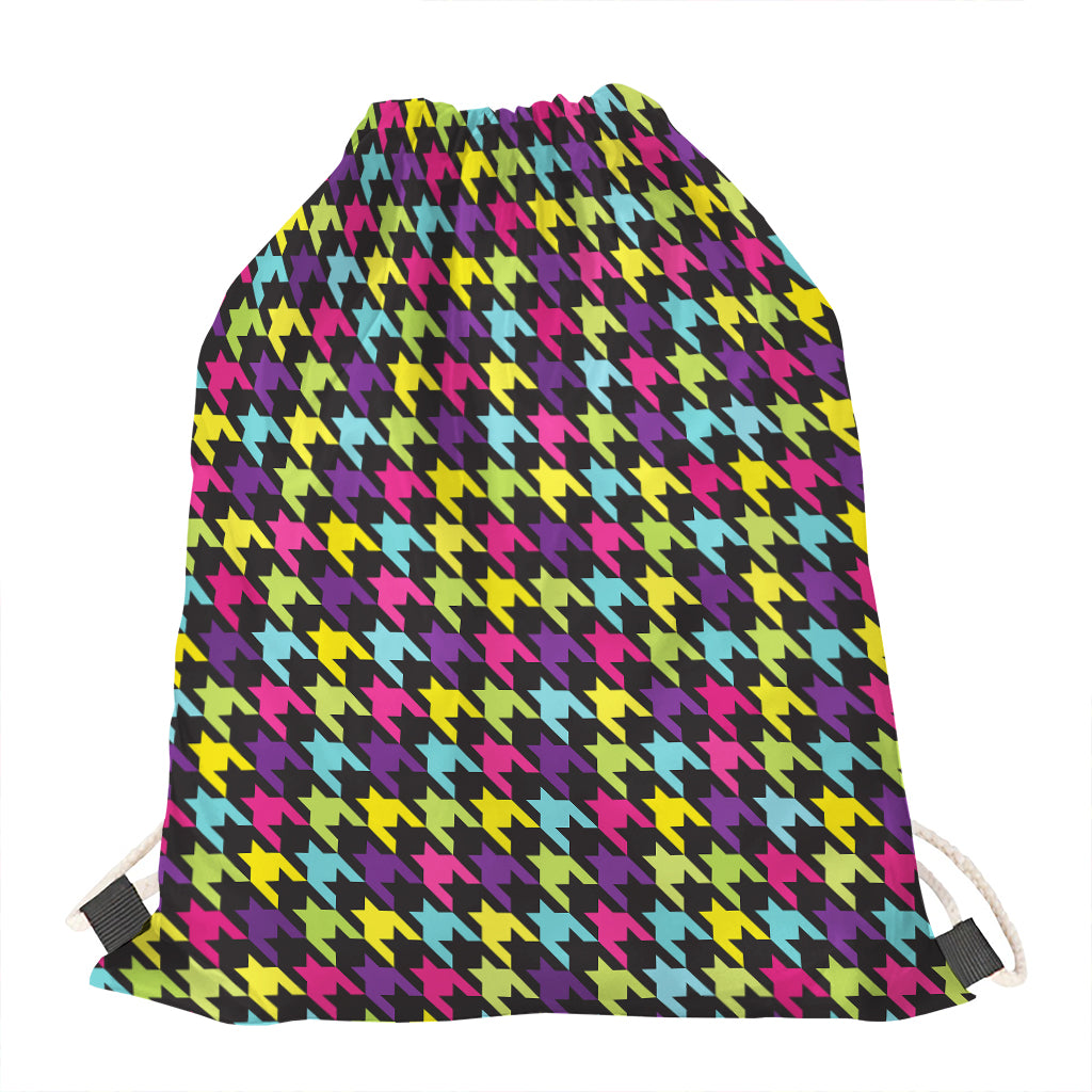 Colorful Houndstooth Pattern Print Drawstring Bag