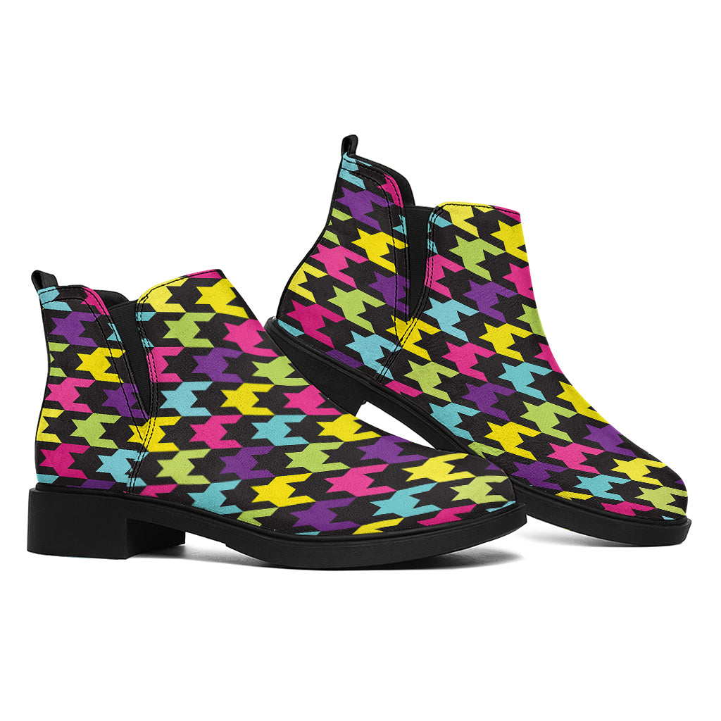 Colorful Houndstooth Pattern Print Flat Ankle Boots