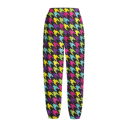 Colorful Houndstooth Pattern Print Fleece Lined Knit Pants