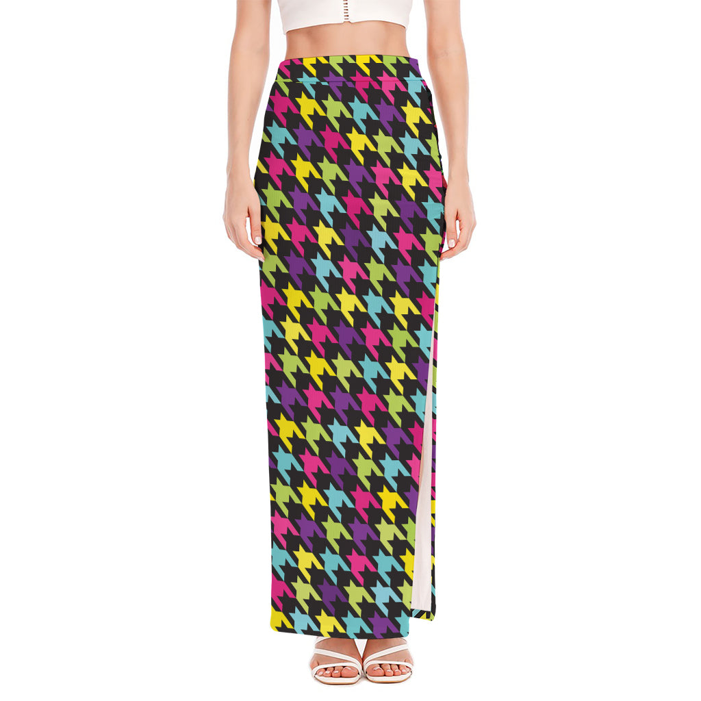 Colorful Houndstooth Pattern Print High Slit Maxi Skirt