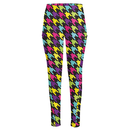 Colorful Houndstooth Pattern Print High-Waisted Pocket Leggings