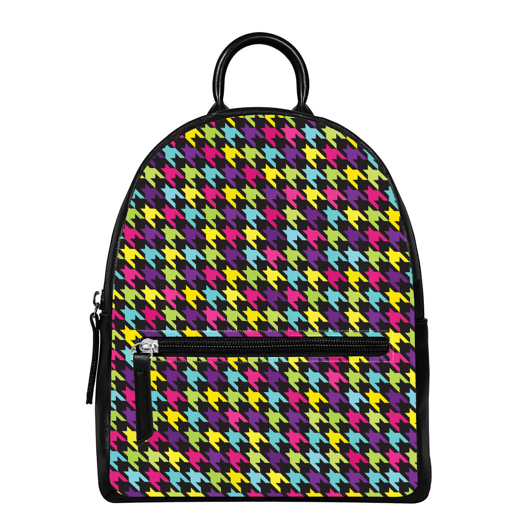 Colorful Houndstooth Pattern Print Leather Backpack