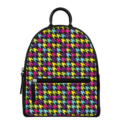 Colorful Houndstooth Pattern Print Leather Backpack