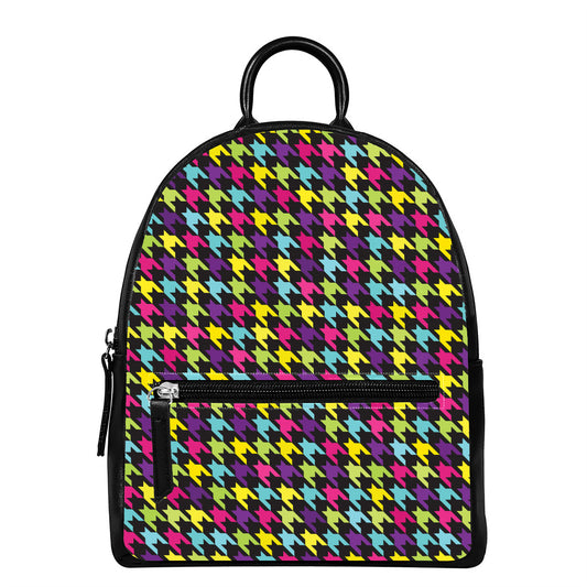 Colorful Houndstooth Pattern Print Leather Backpack