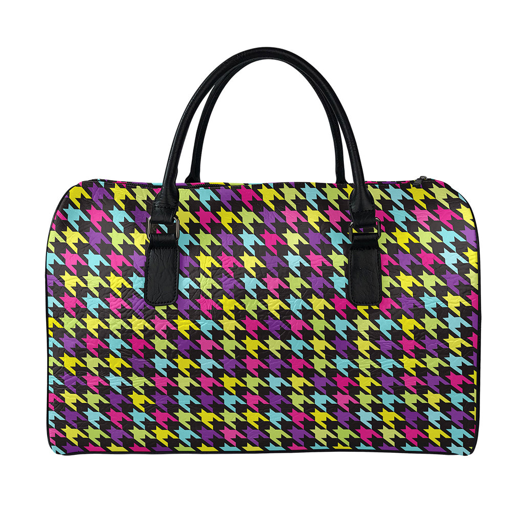Colorful Houndstooth Pattern Print Leather Duffle Bag