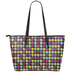 Colorful Houndstooth Pattern Print Leather Tote Bag