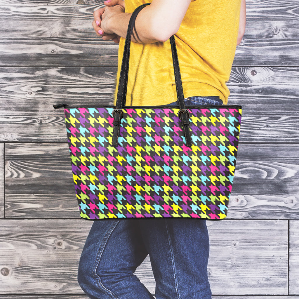 Colorful Houndstooth Pattern Print Leather Tote Bag