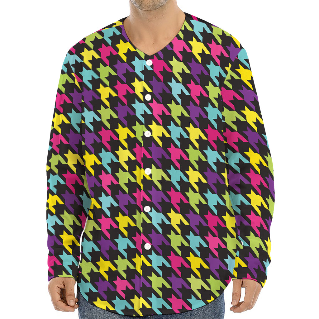 Colorful Houndstooth Pattern Print Long Sleeve Baseball Jersey