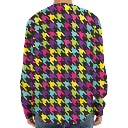 Colorful Houndstooth Pattern Print Long Sleeve Baseball Jersey