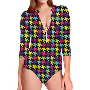 Colorful Houndstooth Pattern Print Long Sleeve Swimsuit