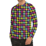 Colorful Houndstooth Pattern Print Men's Long Sleeve Rash Guard