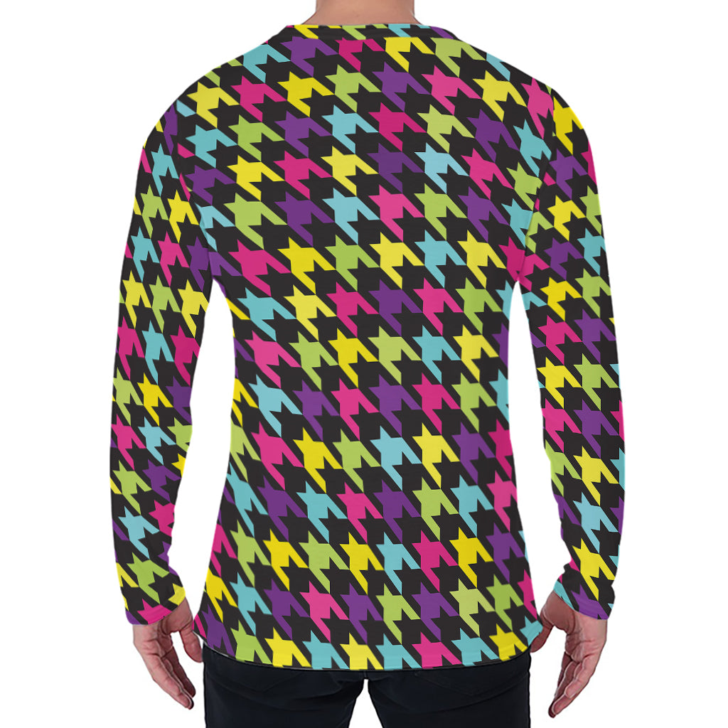 Colorful Houndstooth Pattern Print Men's Long Sleeve T-Shirt