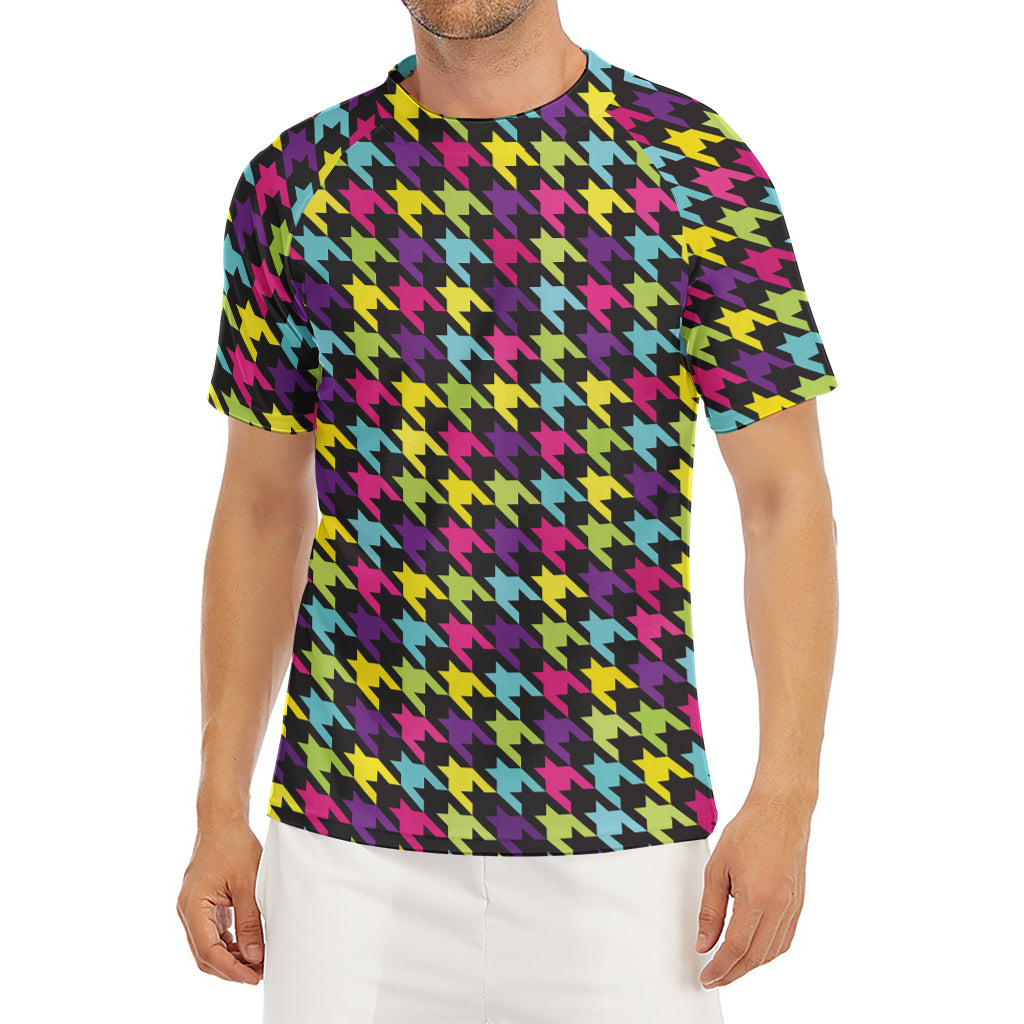 Colorful Houndstooth Pattern Print Men's Short Sleeve Rash Guard