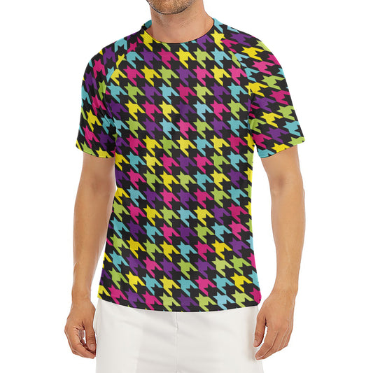 Colorful Houndstooth Pattern Print Men's Short Sleeve Rash Guard