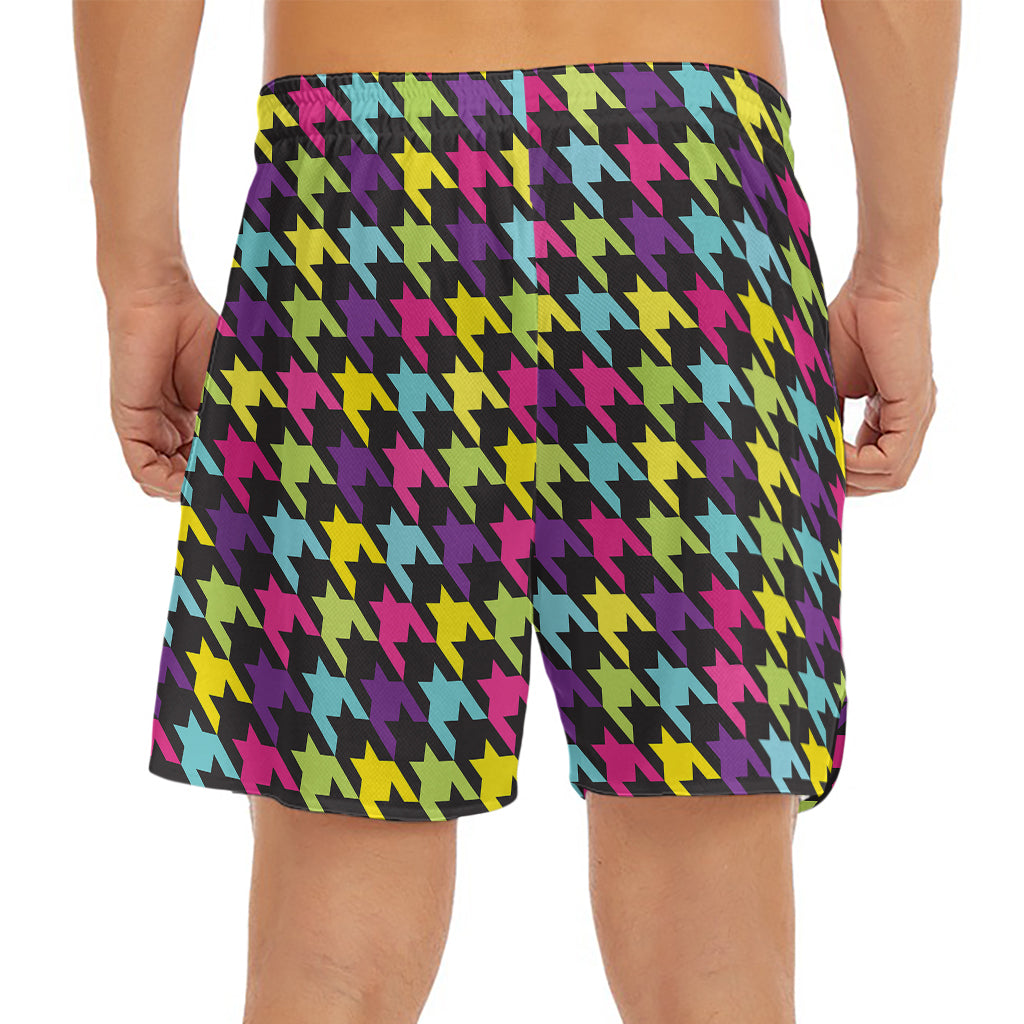 Colorful Houndstooth Pattern Print Men's Split Running Shorts