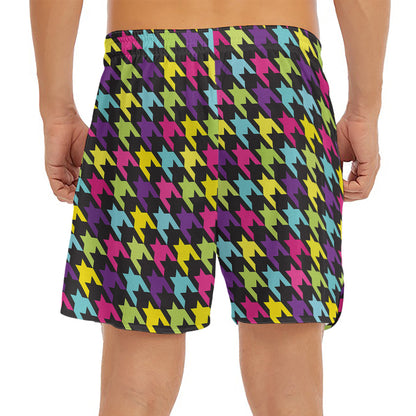 Colorful Houndstooth Pattern Print Men's Split Running Shorts