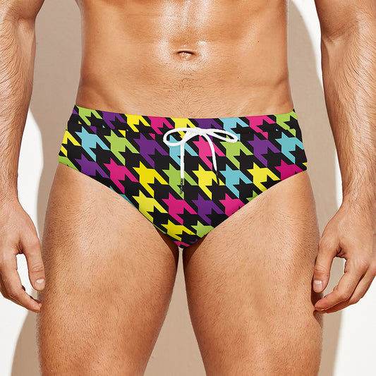 Colorful Houndstooth Pattern Print Men's Swim Briefs