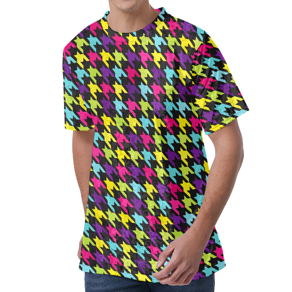 Colorful Houndstooth Pattern Print Men's Velvet T-Shirt
