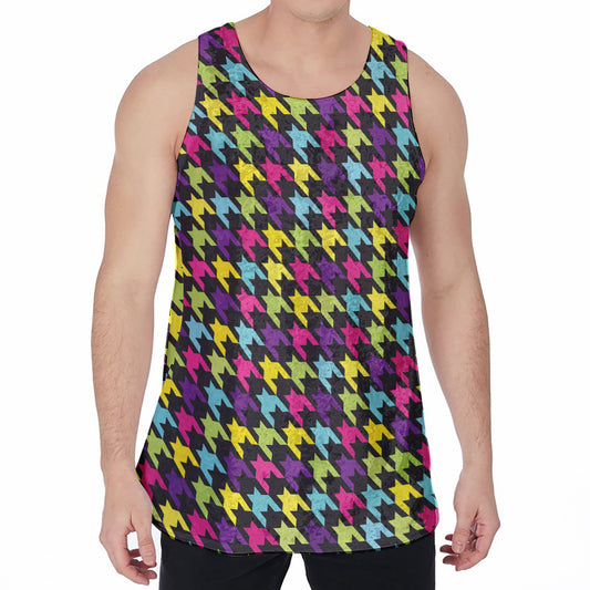 Colorful Houndstooth Pattern Print Men's Velvet Tank Top
