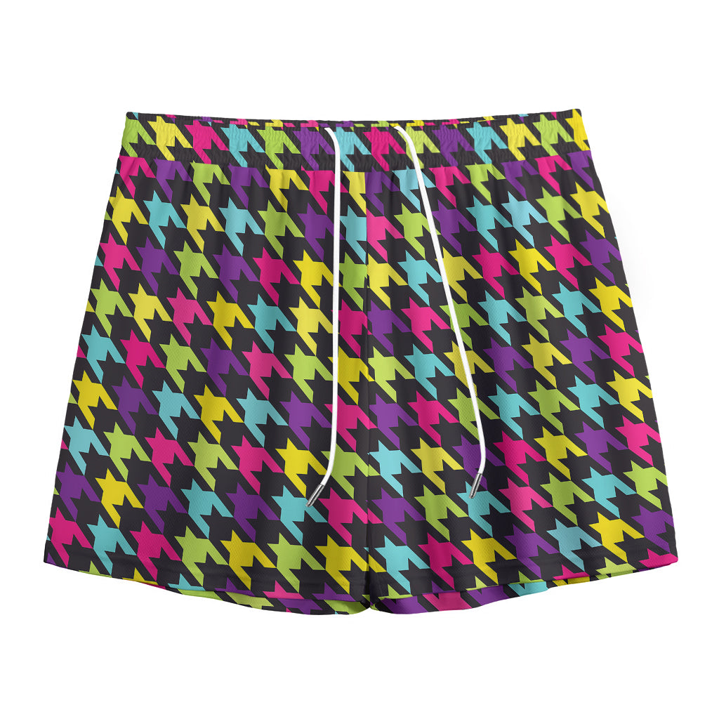 Colorful Houndstooth Pattern Print Mesh Shorts