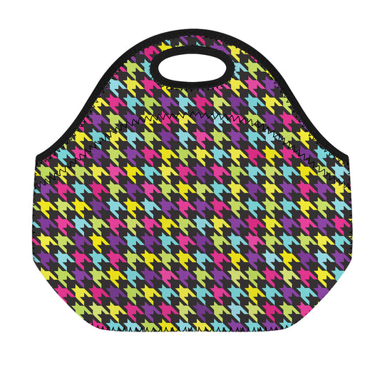 Colorful Houndstooth Pattern Print Neoprene Lunch Bag