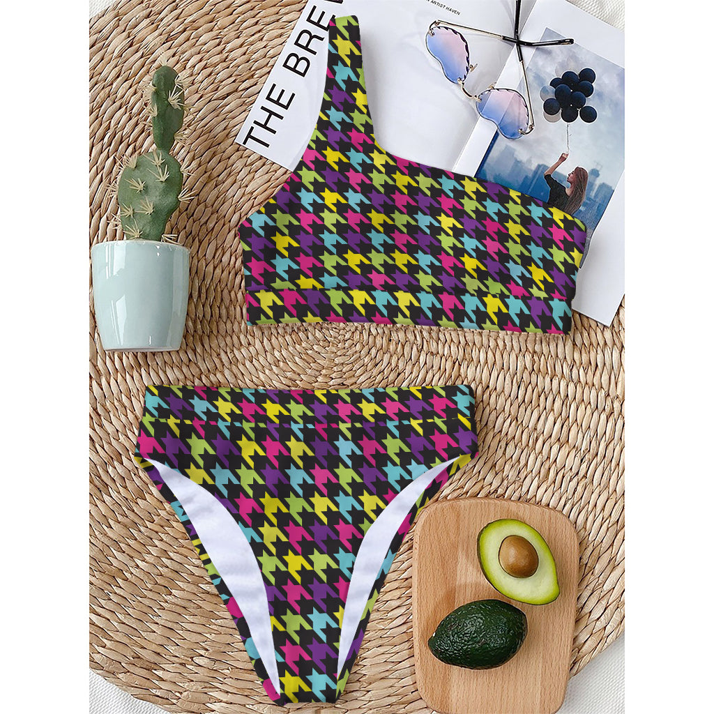 Colorful Houndstooth Pattern Print One Shoulder Bikini Top