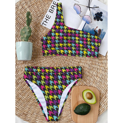 Colorful Houndstooth Pattern Print One Shoulder Bikini Top