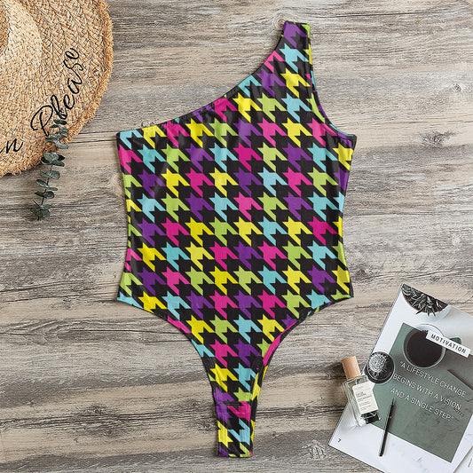 Colorful Houndstooth Pattern Print One Shoulder Bodysuit