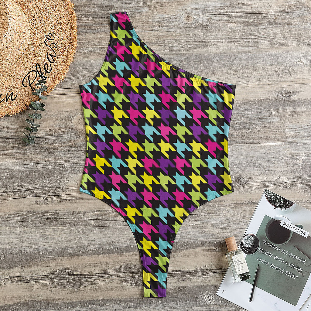 Colorful Houndstooth Pattern Print One Shoulder Bodysuit