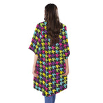 Colorful Houndstooth Pattern Print Open Front Beach Cover Up