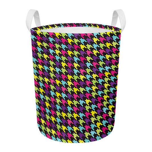 Colorful Houndstooth Pattern Print Round Laundry Basket