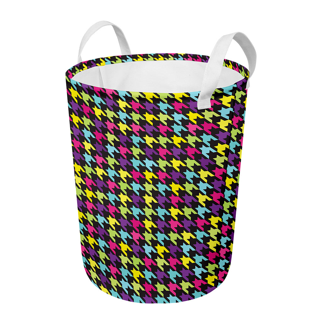 Colorful Houndstooth Pattern Print Round Laundry Basket