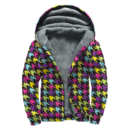 Colorful Houndstooth Pattern Print Sherpa Lined Zip Up Hoodie
