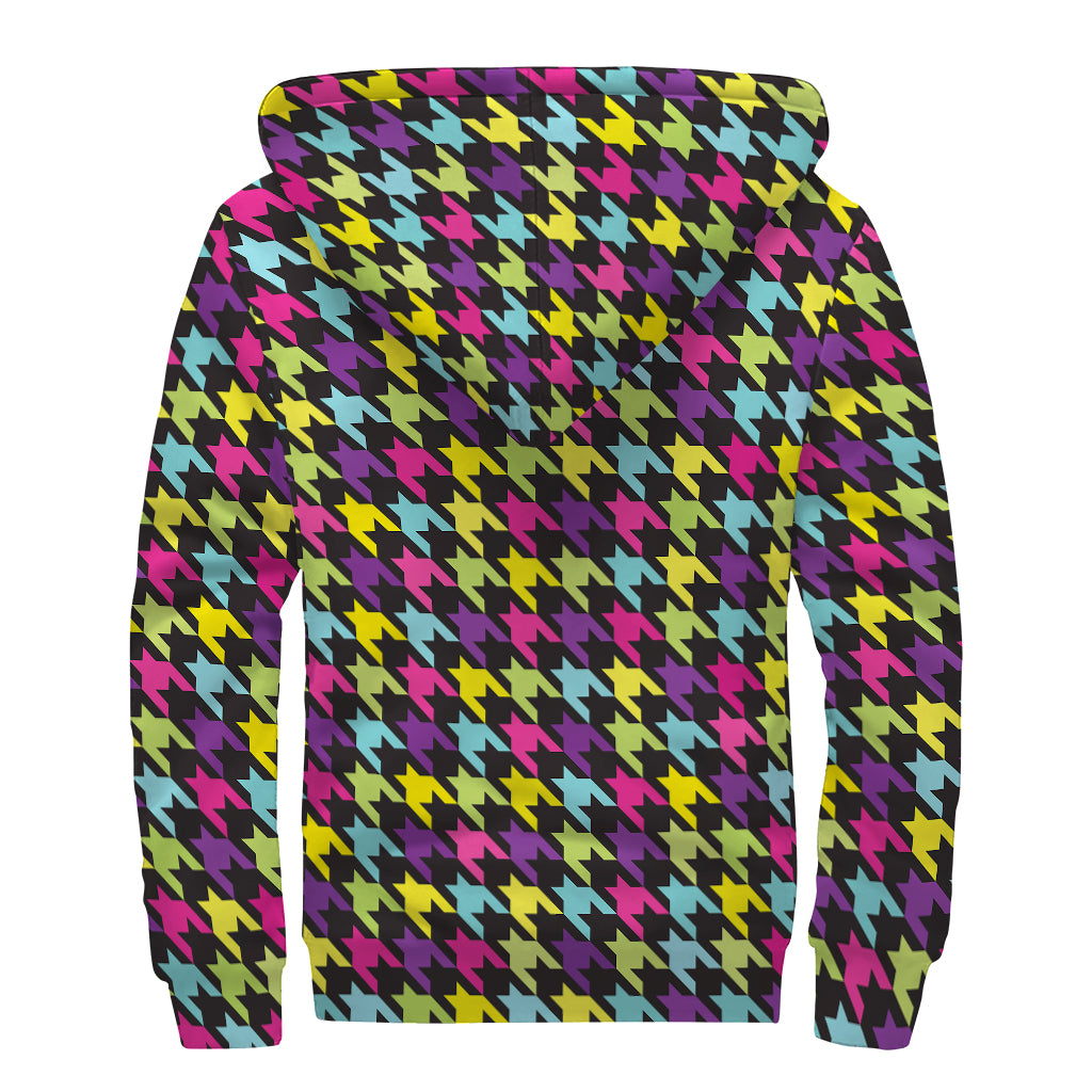 Colorful Houndstooth Pattern Print Sherpa Lined Zip Up Hoodie
