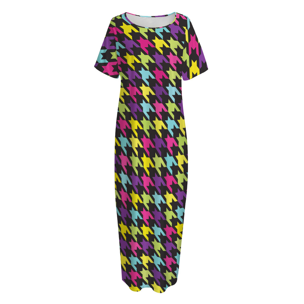 Colorful Houndstooth Pattern Print Short Sleeve Long Nightdress