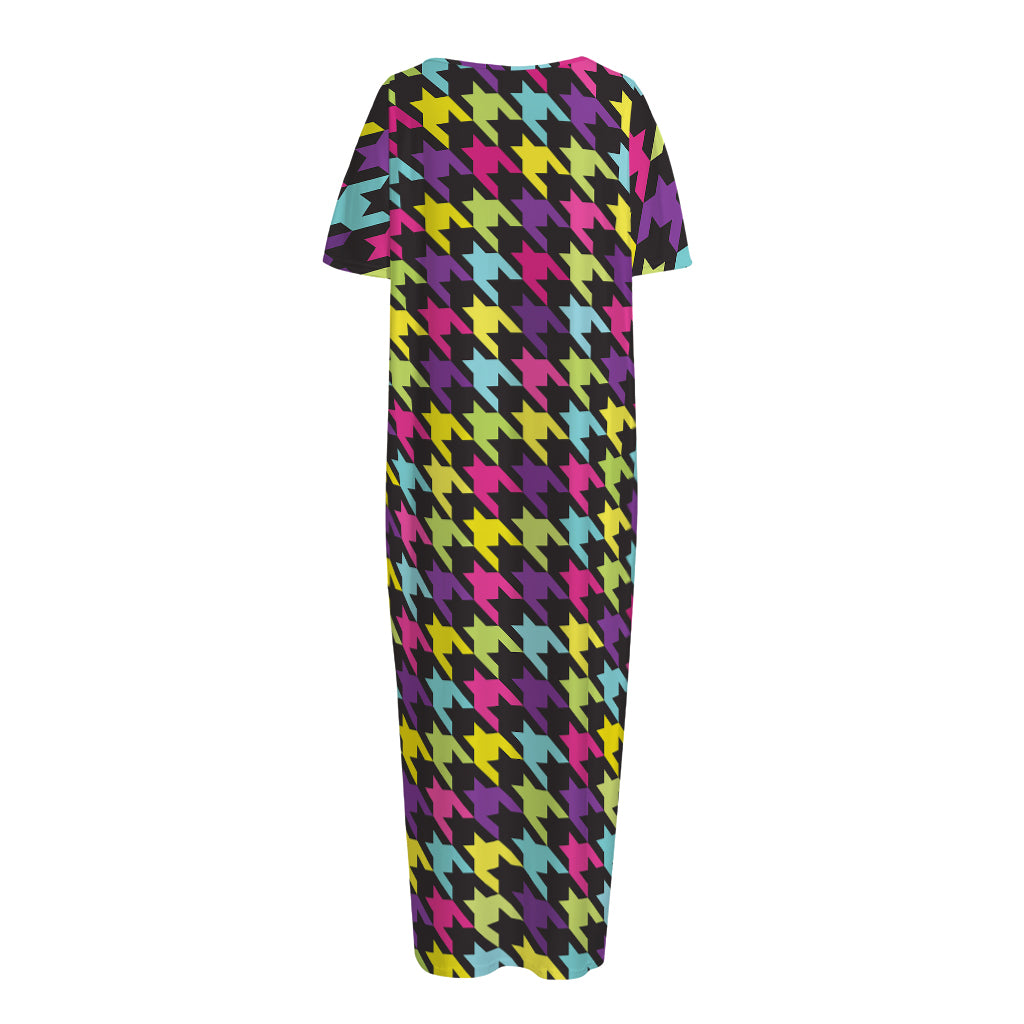 Colorful Houndstooth Pattern Print Short Sleeve Long Nightdress