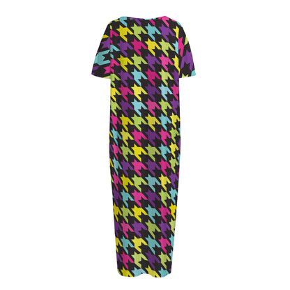 Colorful Houndstooth Pattern Print Short Sleeve Long Nightdress
