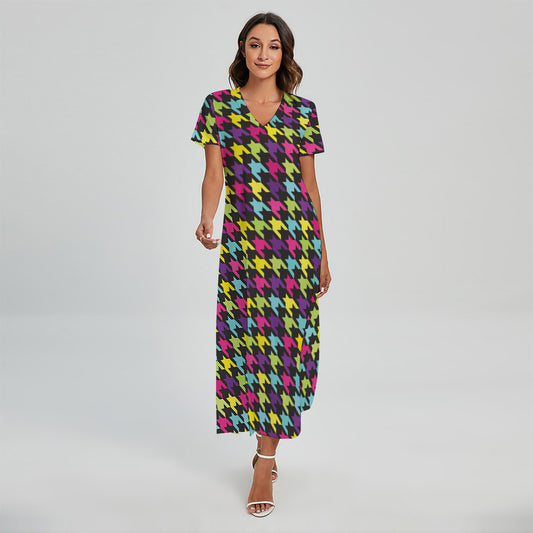 Colorful Houndstooth Pattern Print Short Sleeve Maxi Dress