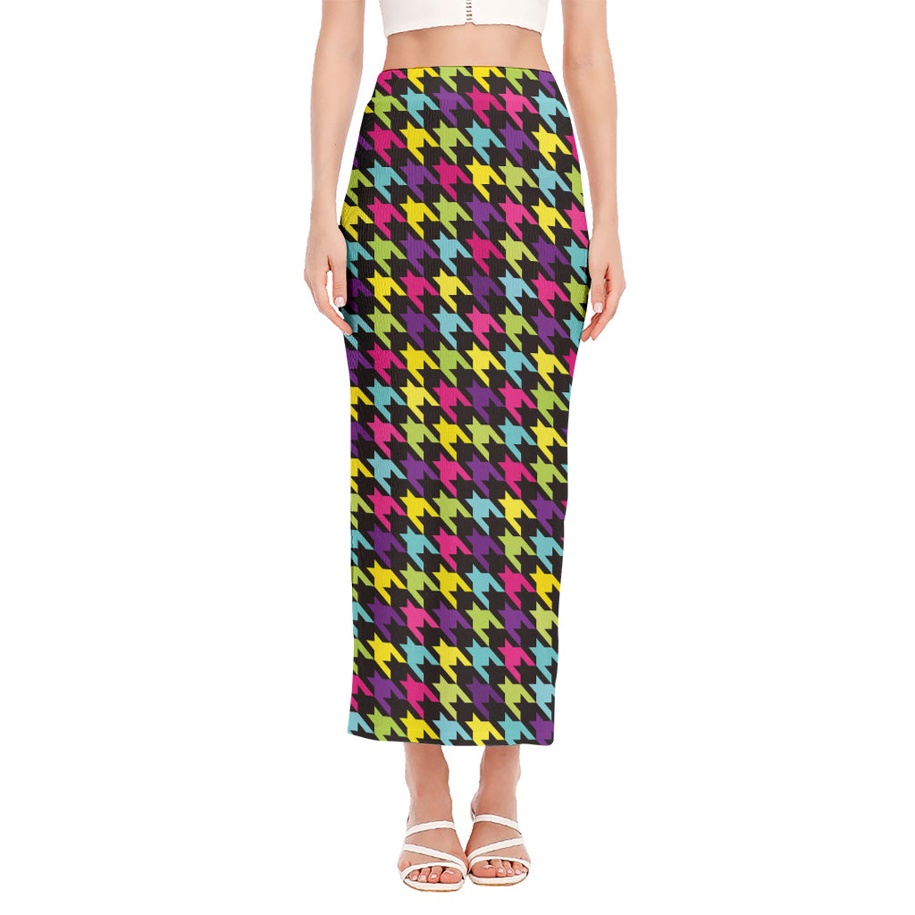 Colorful Houndstooth Pattern Print Side Slit Maxi Skirt