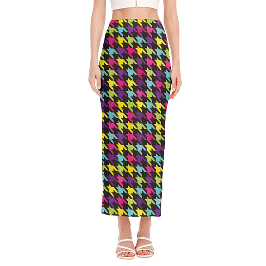 Colorful Houndstooth Pattern Print Side Slit Maxi Skirt