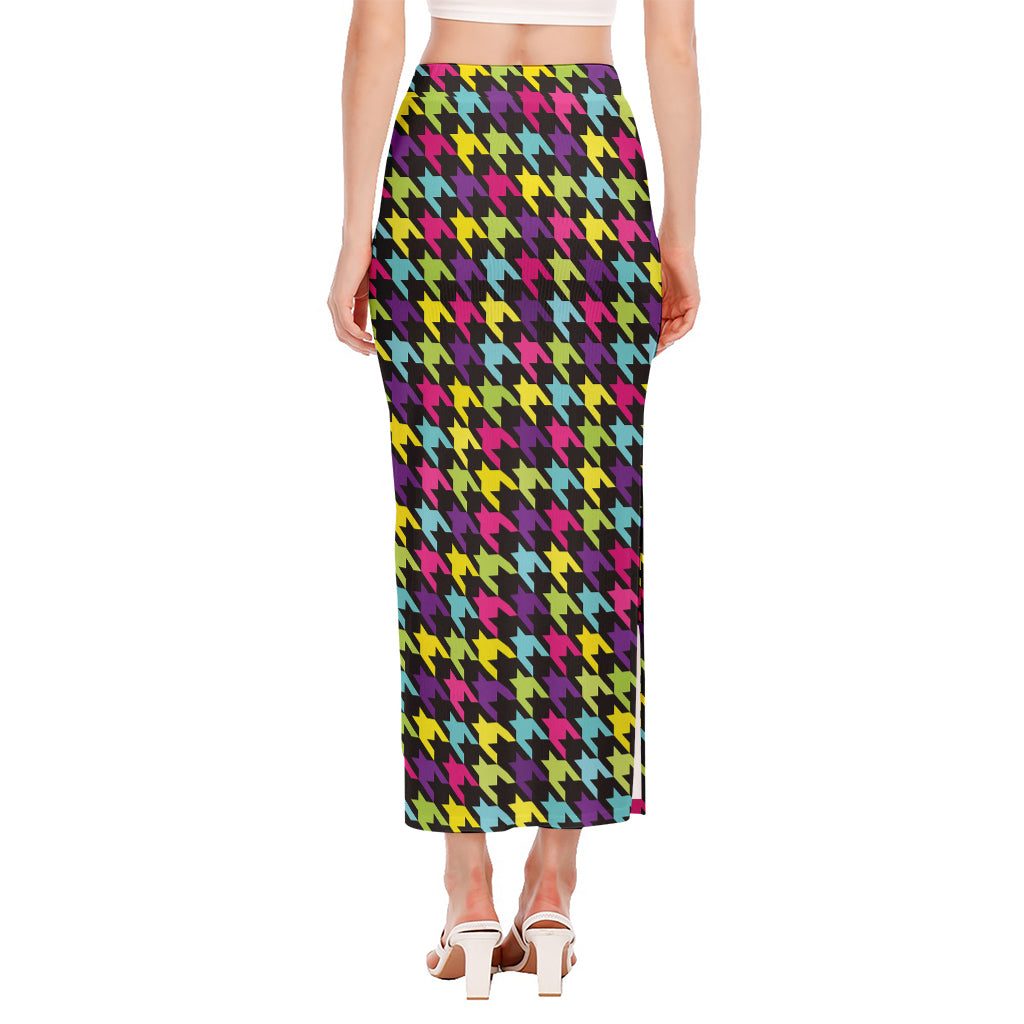 Colorful Houndstooth Pattern Print Side Slit Maxi Skirt