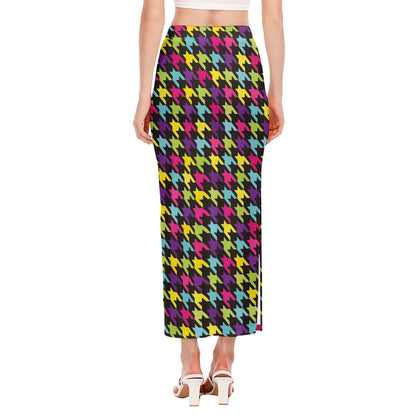Colorful Houndstooth Pattern Print Side Slit Maxi Skirt