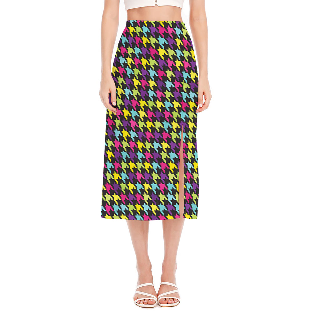 Colorful Houndstooth Pattern Print Side Slit Midi Skirt