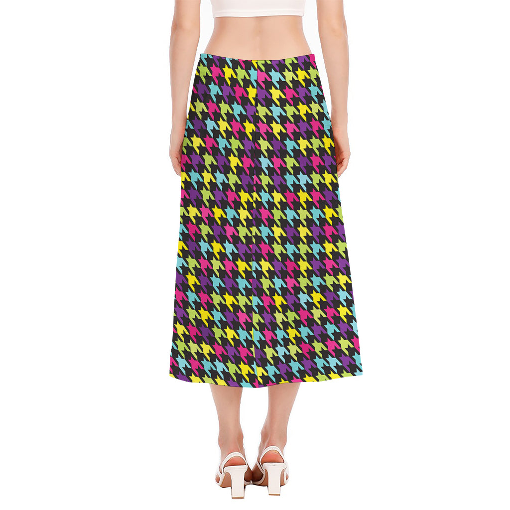 Colorful Houndstooth Pattern Print Side Slit Midi Skirt
