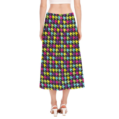 Colorful Houndstooth Pattern Print Side Slit Midi Skirt