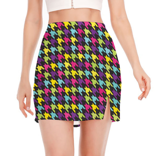 Colorful Houndstooth Pattern Print Side Slit Mini Skirt
